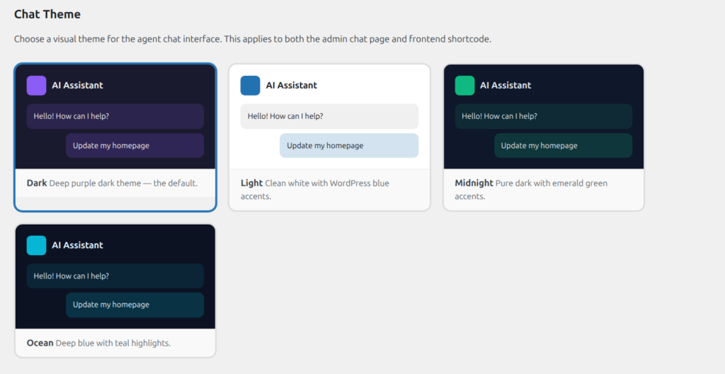 Chat Theme selector showing Dark, Light, Midnight, and Ocean theme options