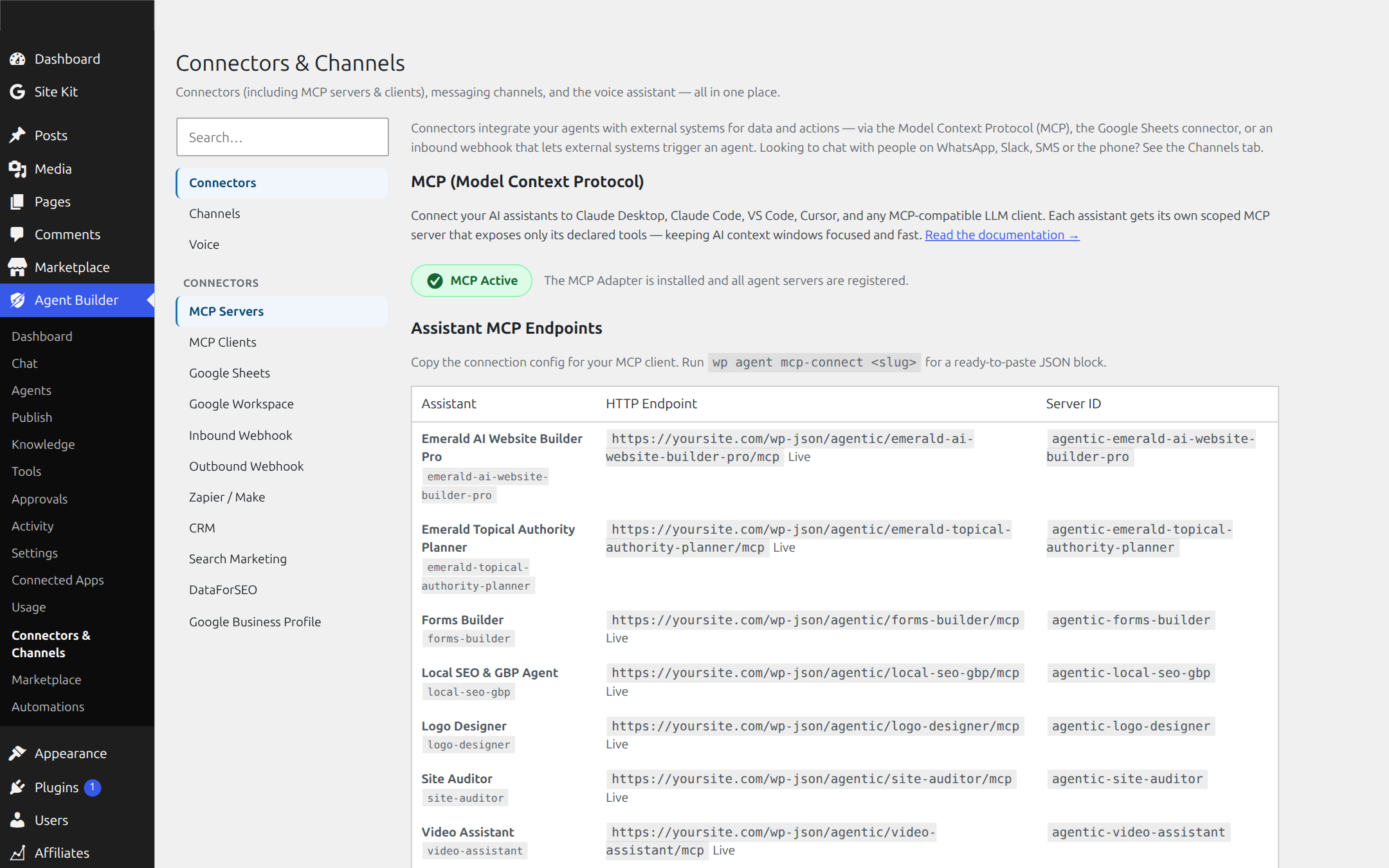 Connectors and Channels hub — per-agent MCP server endpoints with one-click config for Claude, VS Code and Cursor