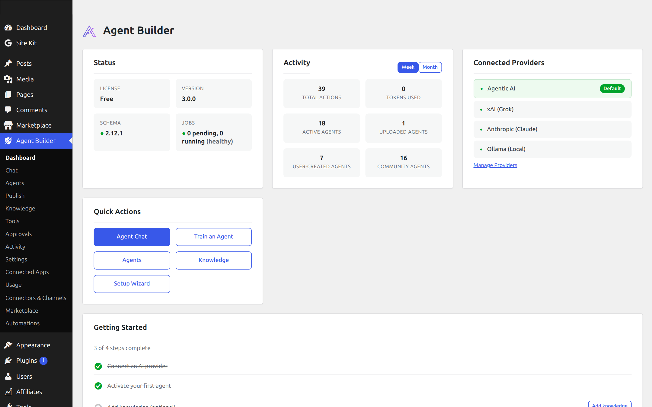 Agent Builder dashboard — status, weekly activity, connected providers and quick actions