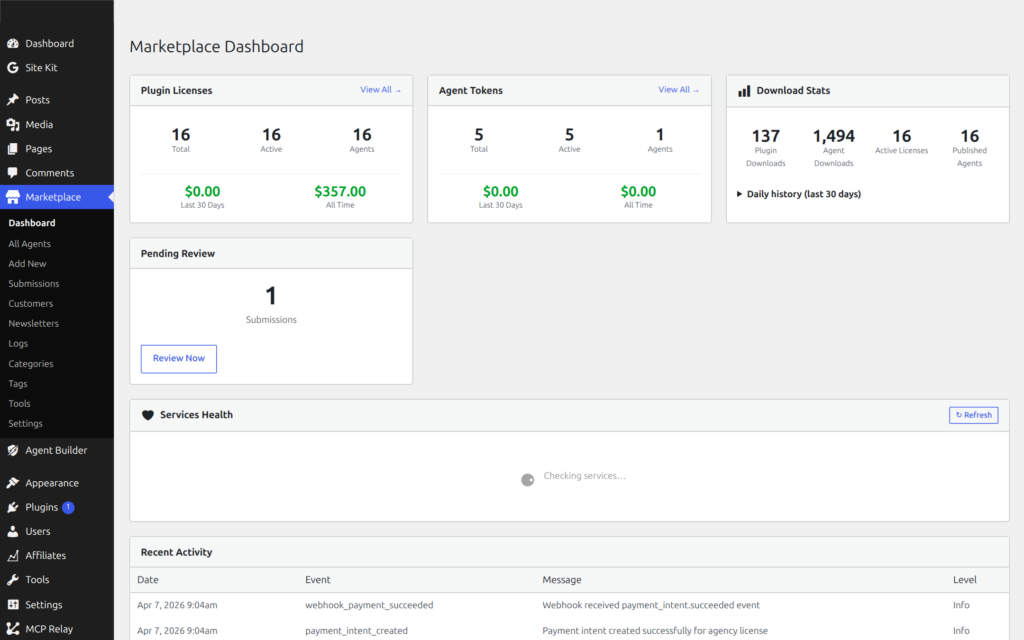Agent Builder Marketplace showing published AI assistants