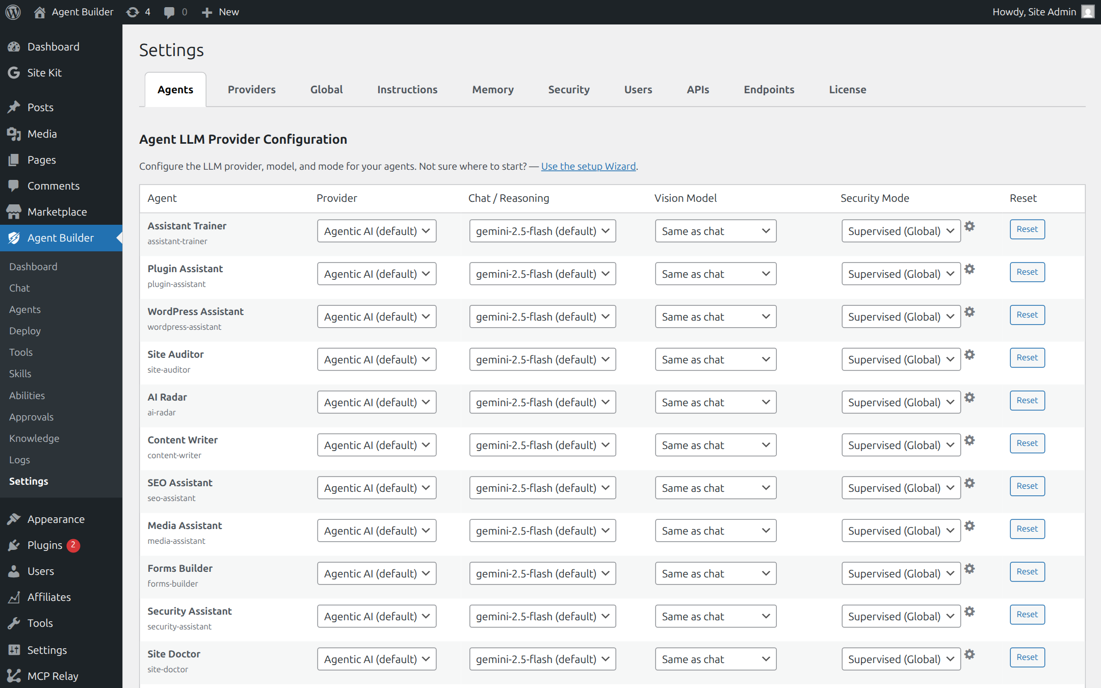 Provider settings showing Agentic AI as the default provider for every agent — no API key needed