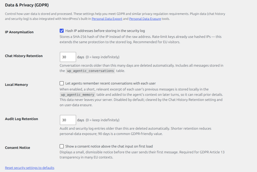 Data and Privacy GDPR settings showing IP anonymisation, retention periods, and consent notice