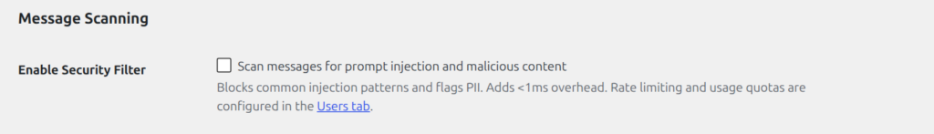 Message Scanning toggle for prompt injection and malicious content detection