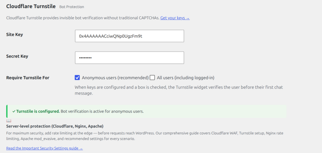 Cloudflare Turnstile configuration with site key, secret key, and verification scope settings