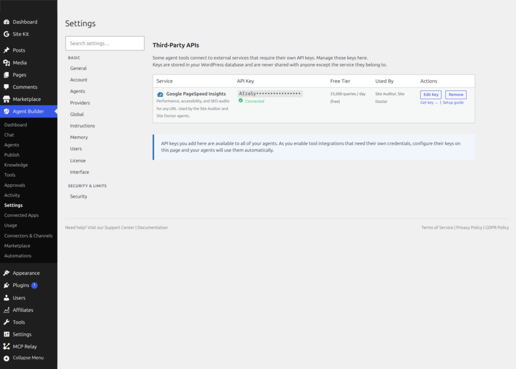 Third-Party APIs section showing Google PageSpeed Insights API key configuration