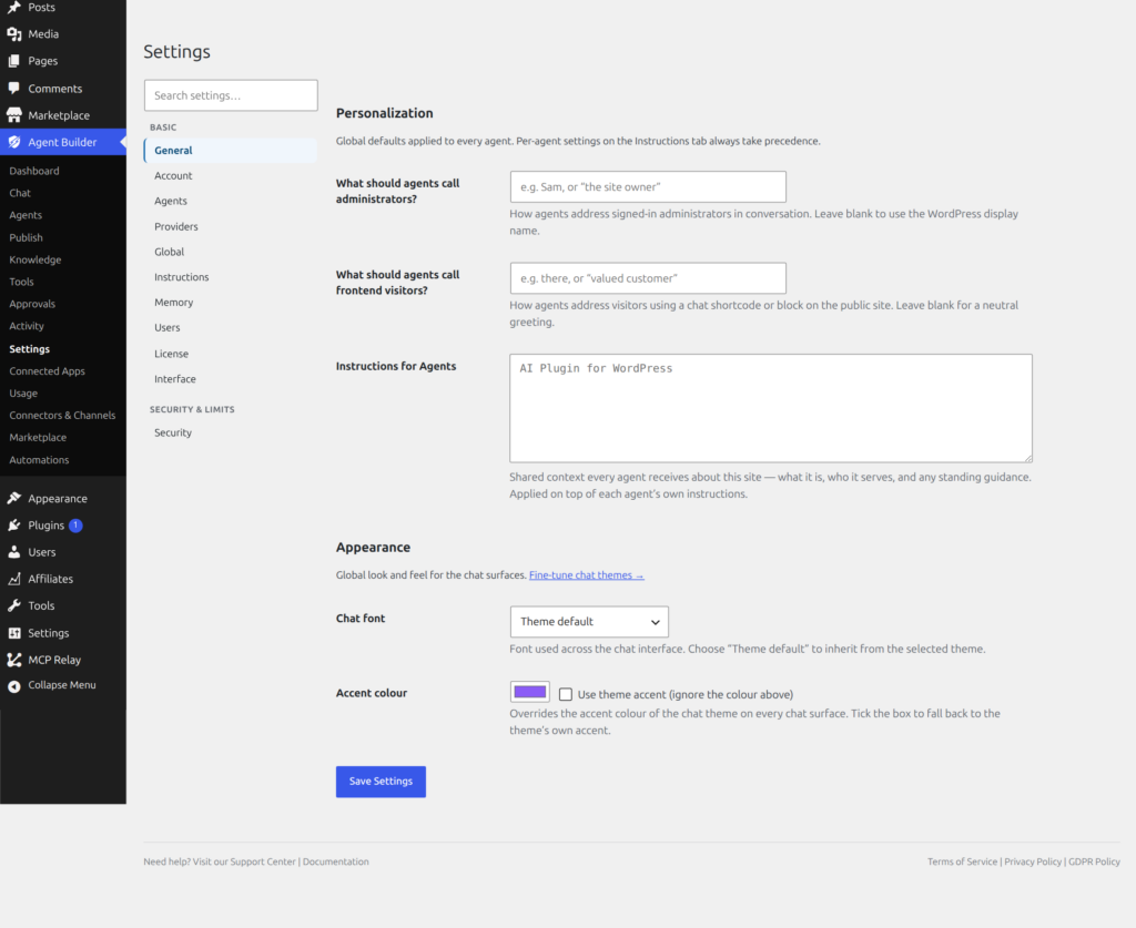 AI Provider settings screen in Agent Builder – select your provider and enter your API key
