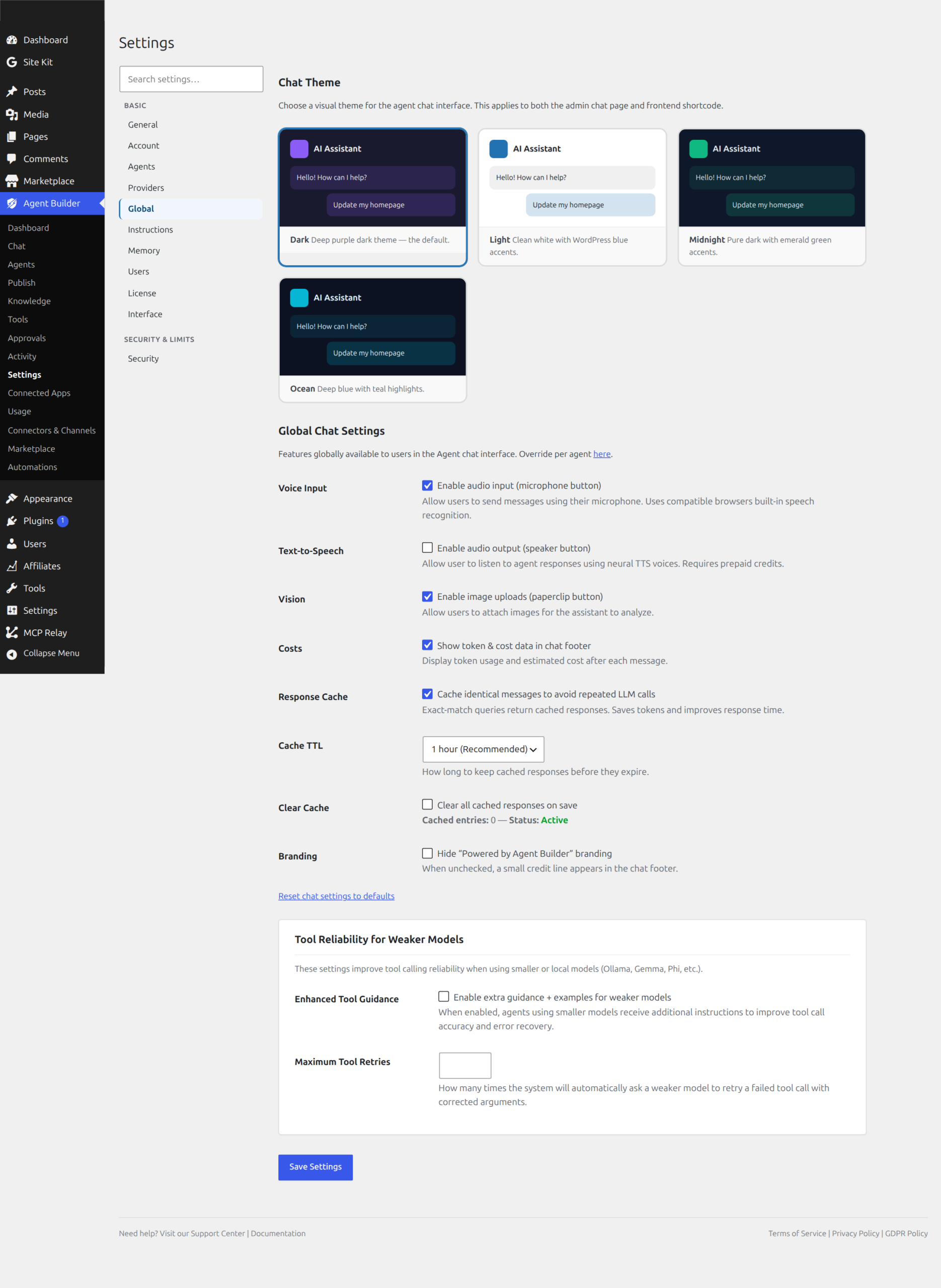 Settings Global tab