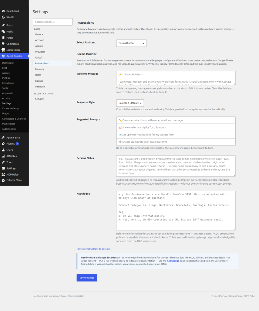 Personas assistant selector dropdown for choosing which assistant to configure