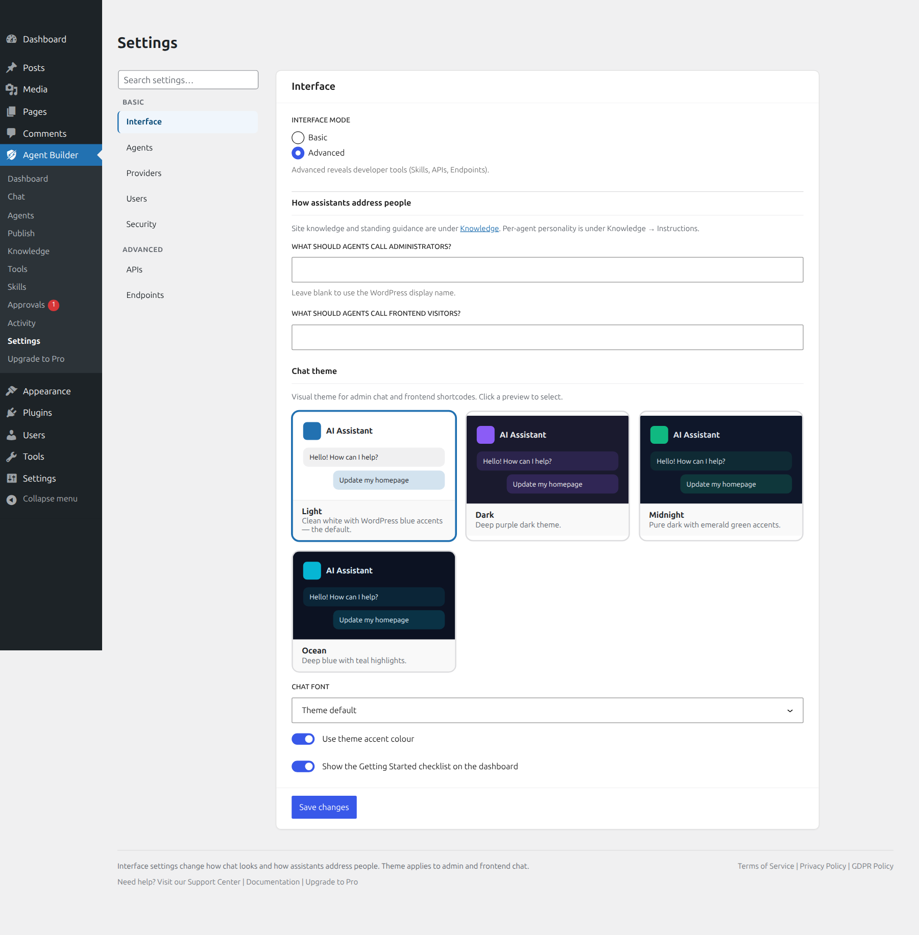 Settings Interface tab showing Basic/Advanced mode, addressing fields, and chat theme preview cards
