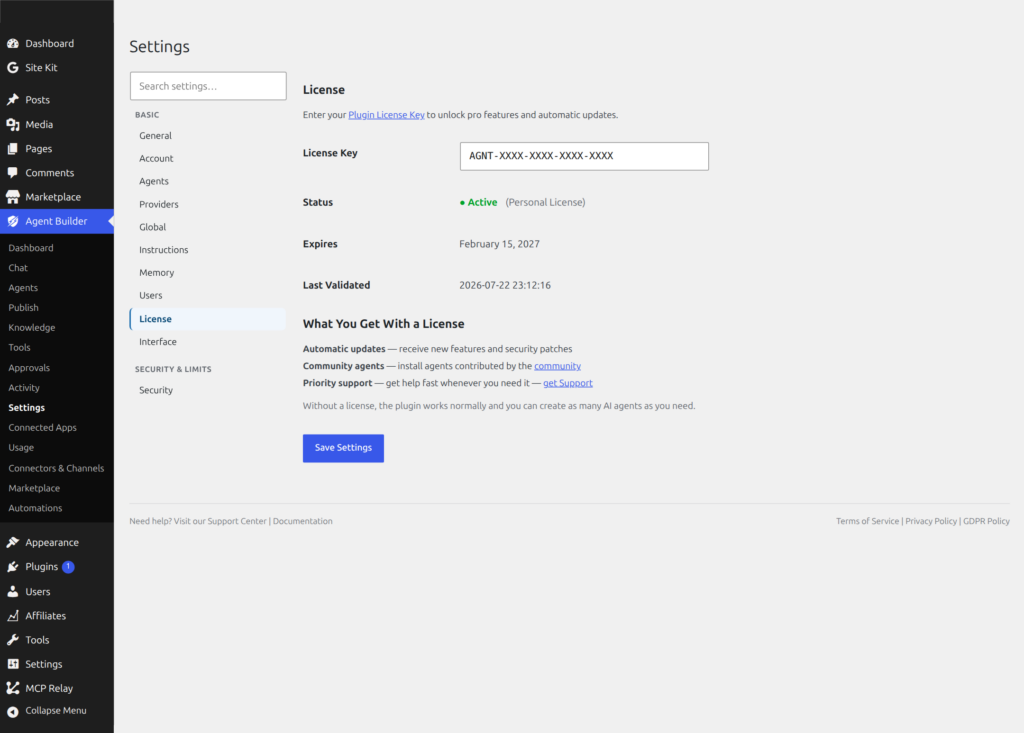 License key entry field and activation status showing license type, expiry, and validation