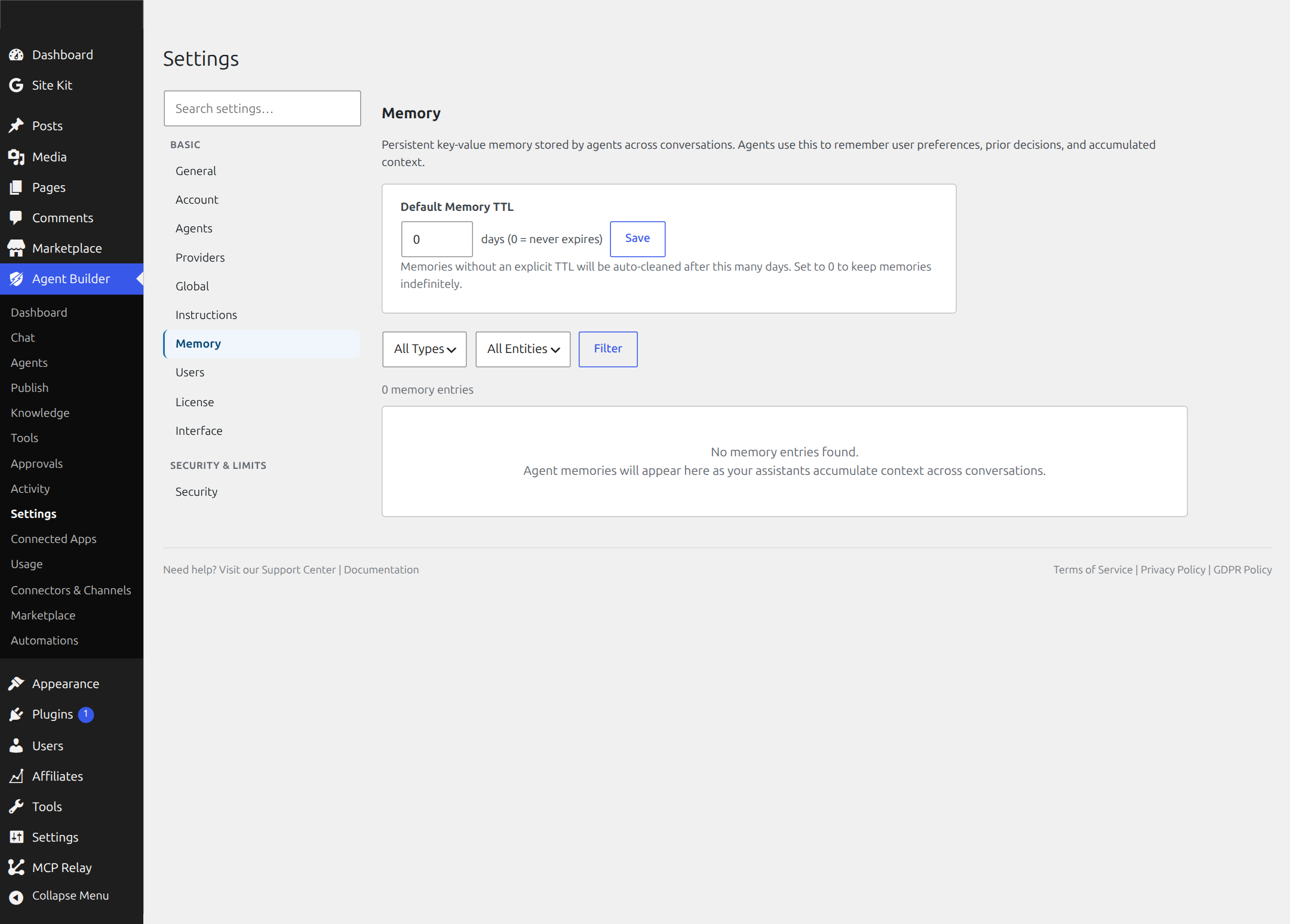 Settings Memory tab