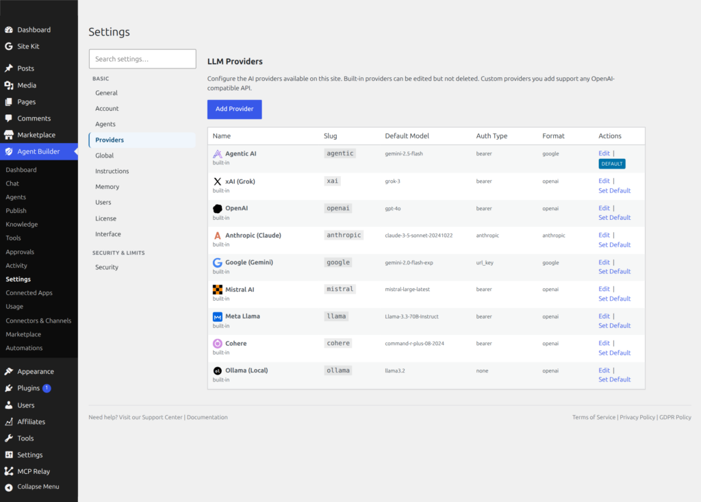 LLM Providers list showing supported providers with API key and endpoint configuration