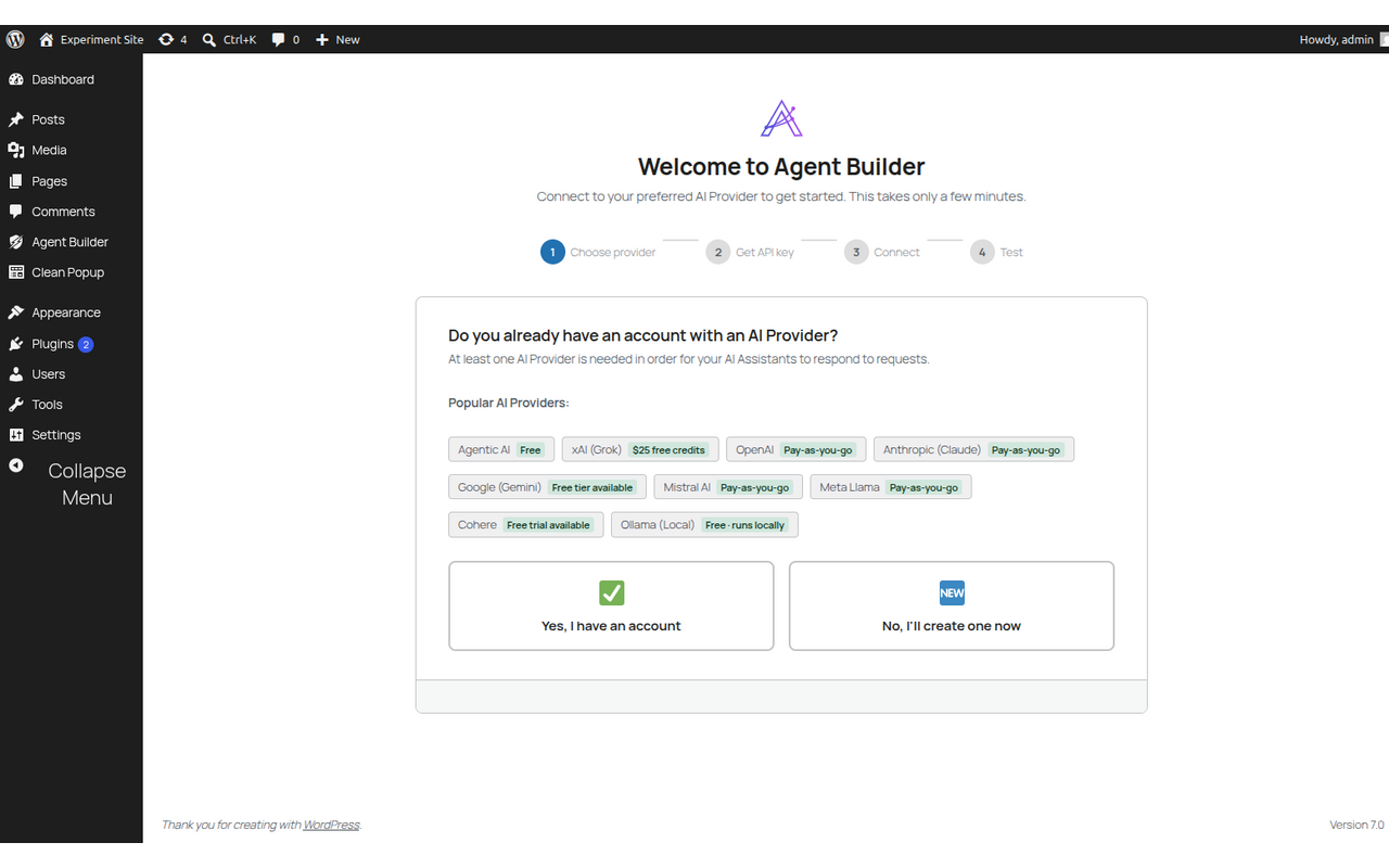The Agent Builder setup wizard — connect an AI provider and activate your agents in under two minutes