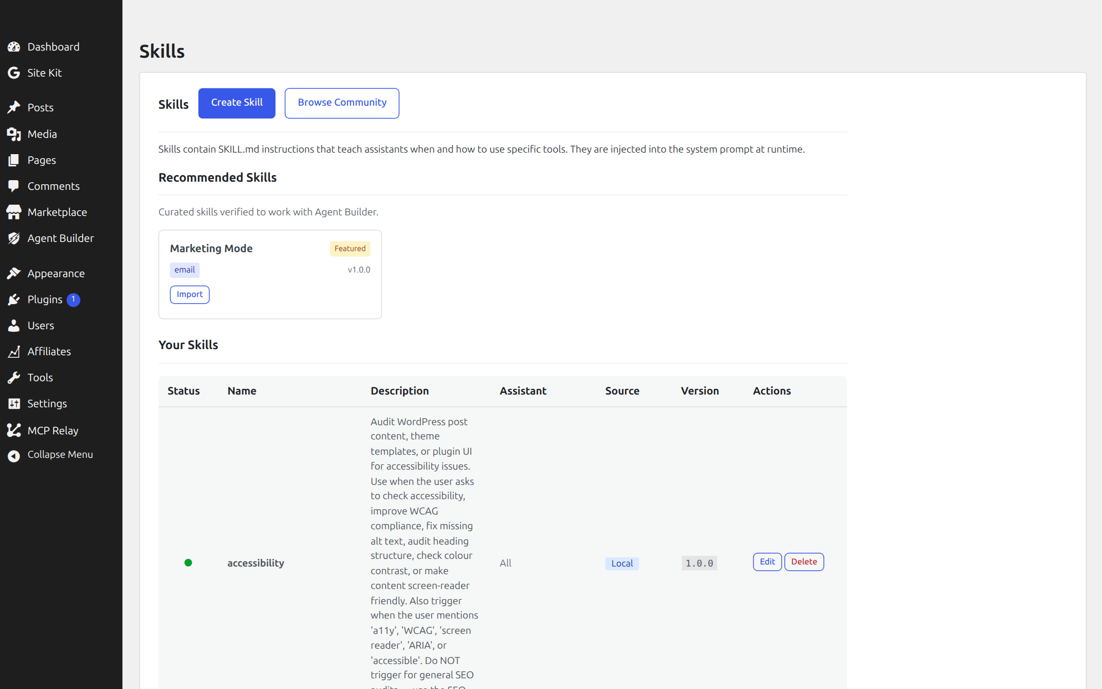 Agent Builder Skills screen listing the built-in skills with enable, disable, and edit actions