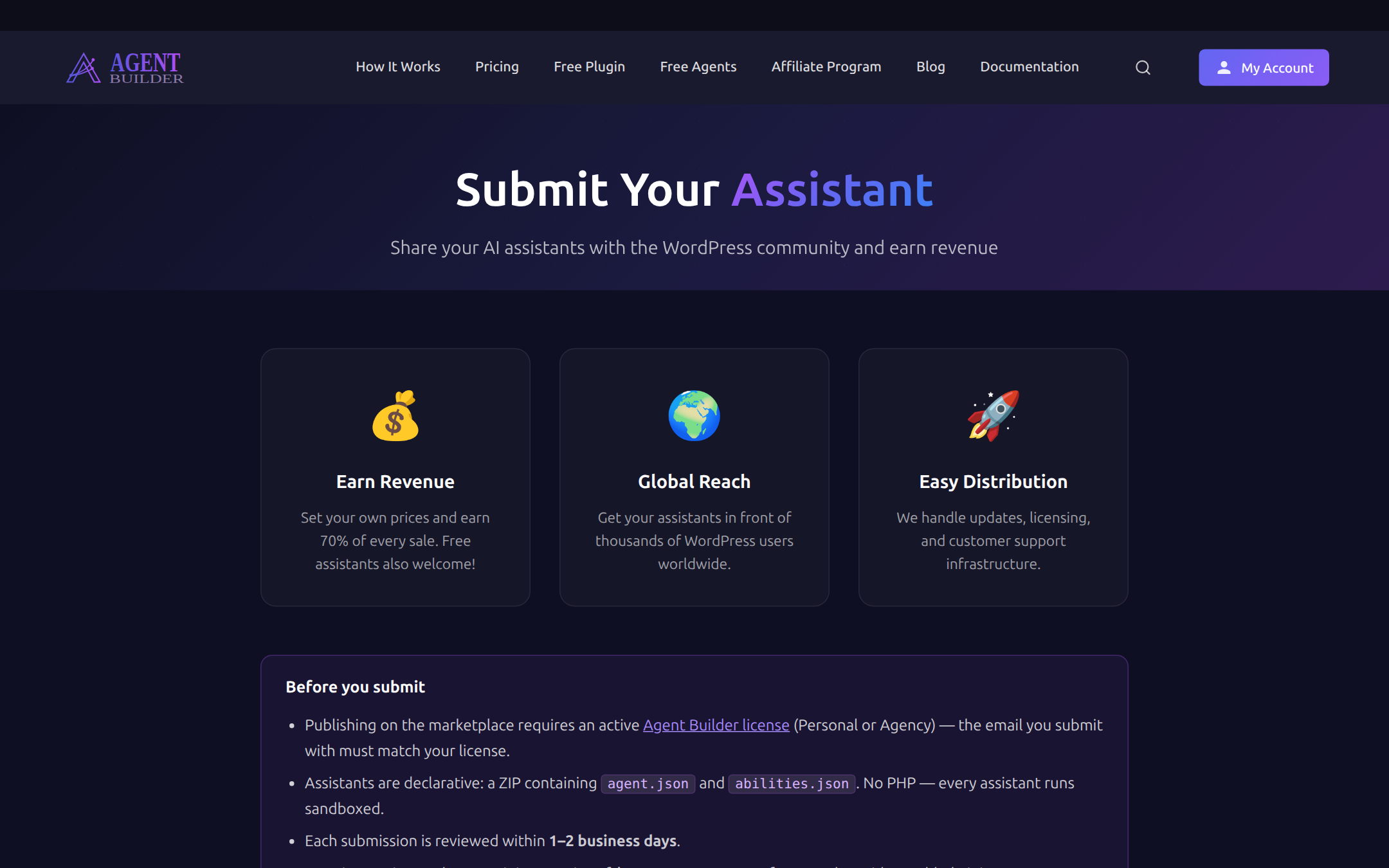Submit Your Assistant page — marketplace submission with 70% revenue share and sandboxed agents