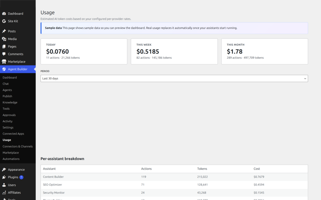 Agent Builder LLM Costs screen showing token usage and estimated costs per agent and provider