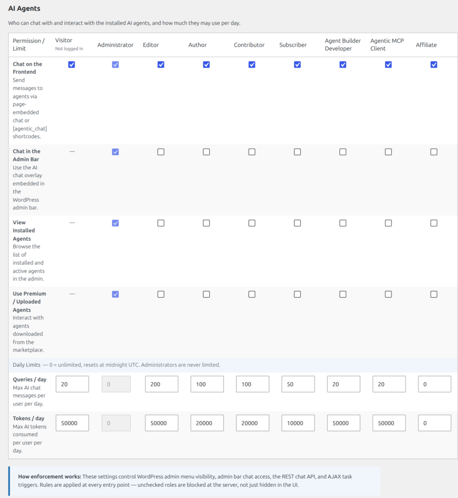 AI Agent Access settings showing chat frontend, chat admin, anonymous access, and daily usage limits