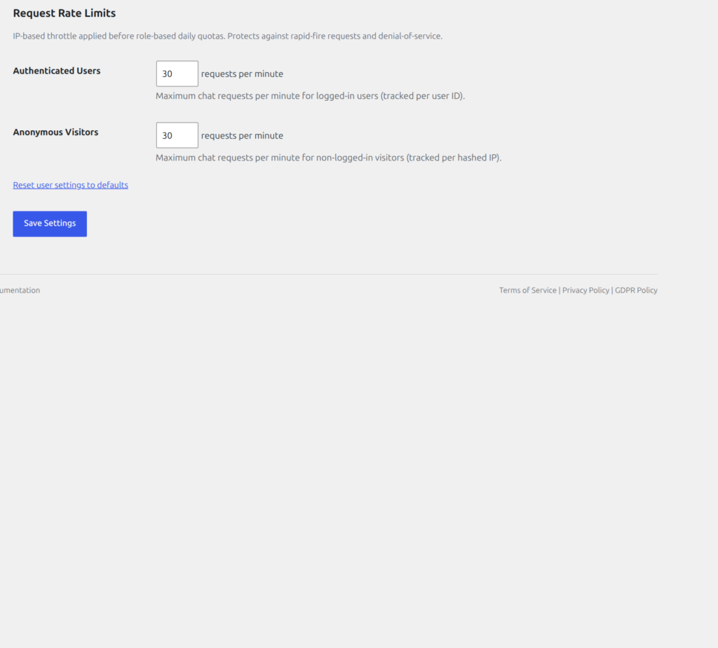 Request Rate Limits showing per-minute throttling for authenticated and anonymous users